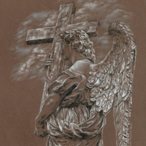Colored pencil drawing of 7th angel statue on Ponte Sant' Angelo, Bridge of Angels, Rome, Italy