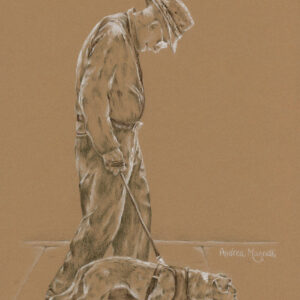 Sepia colored pencil drawing of elderly man walking dog.